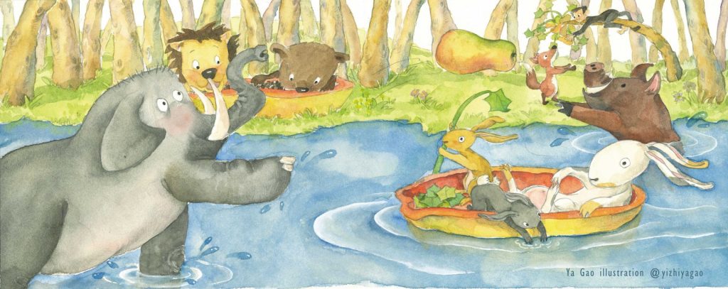 Animals in a river. Rabbits floating on the water in a boat.