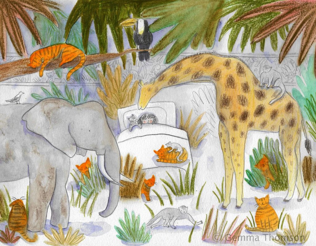 A little girl sleeps in bed whilst orange cats, monkeys, elephants and a giraffe are looking around her room.