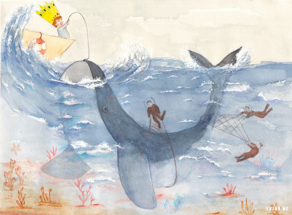A small boy with a crown on is in a boat with a fishing line. A whale is attached to the line.