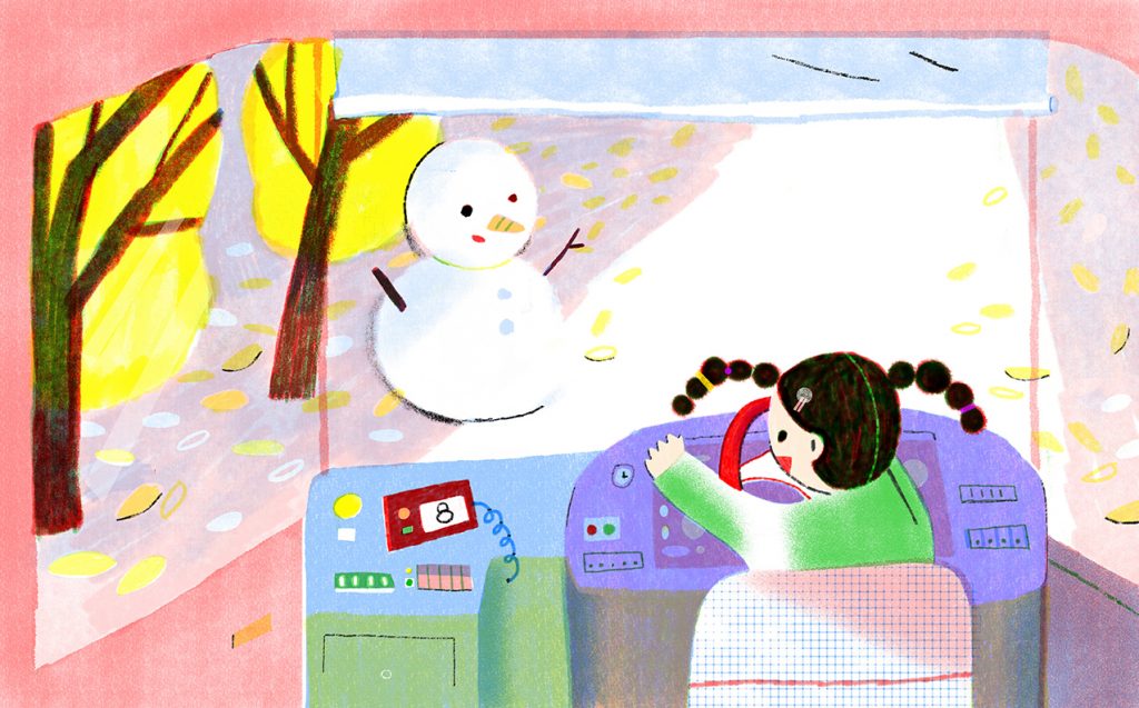 A girl waves at a snowman from the bus