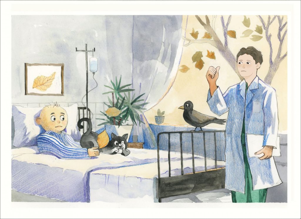 A man is in a hospital bed with a cat and a bird. A doctor is at the end of the bed