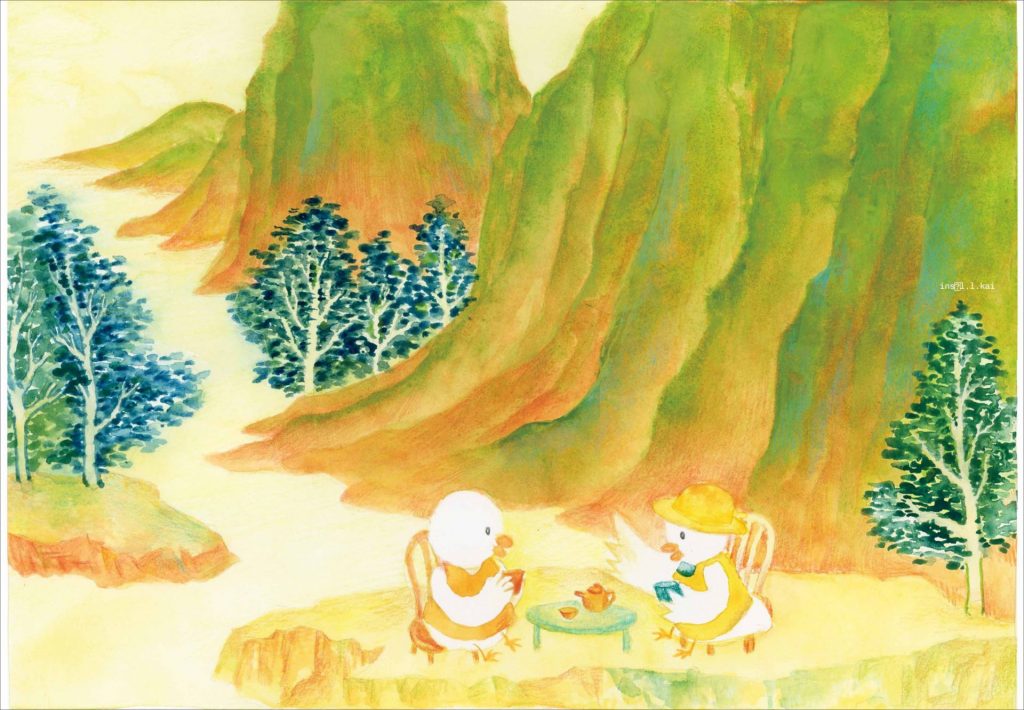 Two birds are sat on chairs with a table between them. They have a cup of tea and there are trees and a mountain behind them.