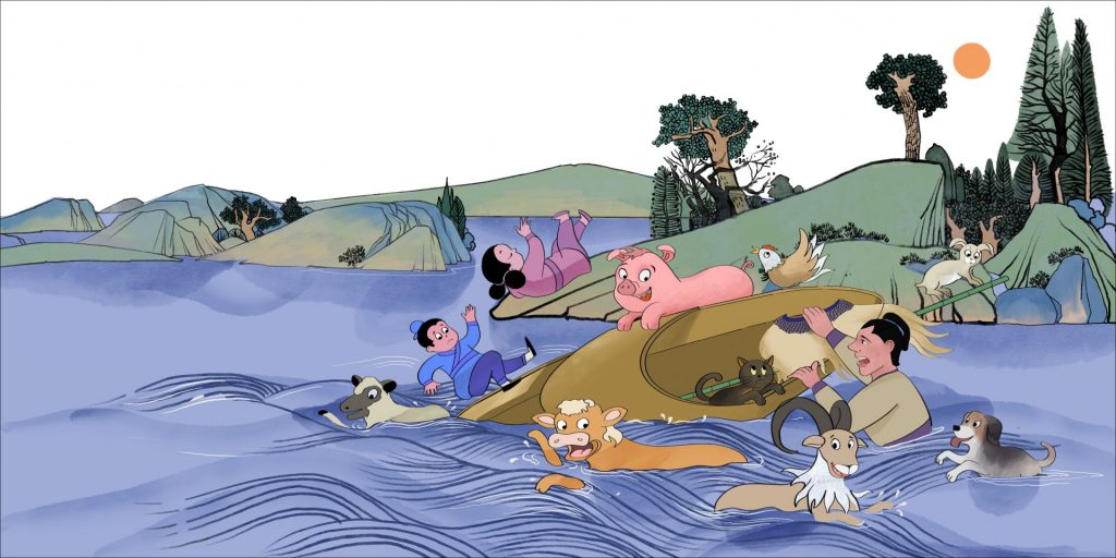 A man and aminals fall from a boat into the river