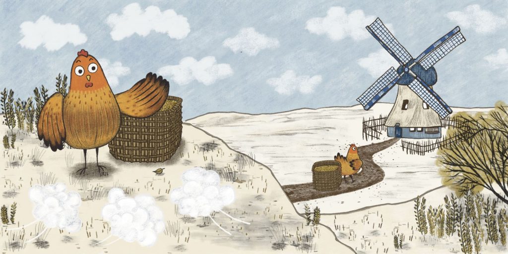 A red chicken waves in front of a basket. A hen walks with a basket towards a windmill