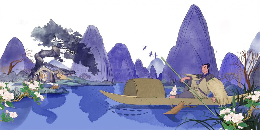 A man rows a boat on a river by trees and mountains