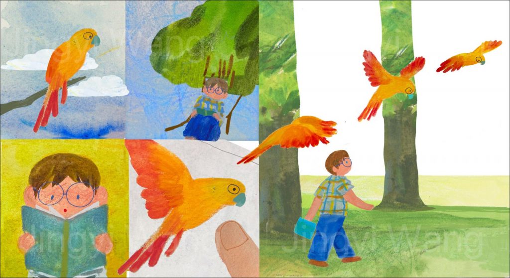 A boy watches a bird, he reads a book and walks past some trees whilst an orange bird flies overhead