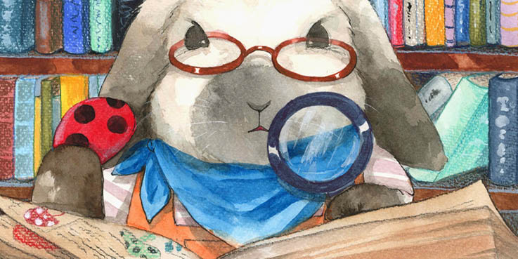 A rabbit with a magnifying glass holds an object and looks at a book