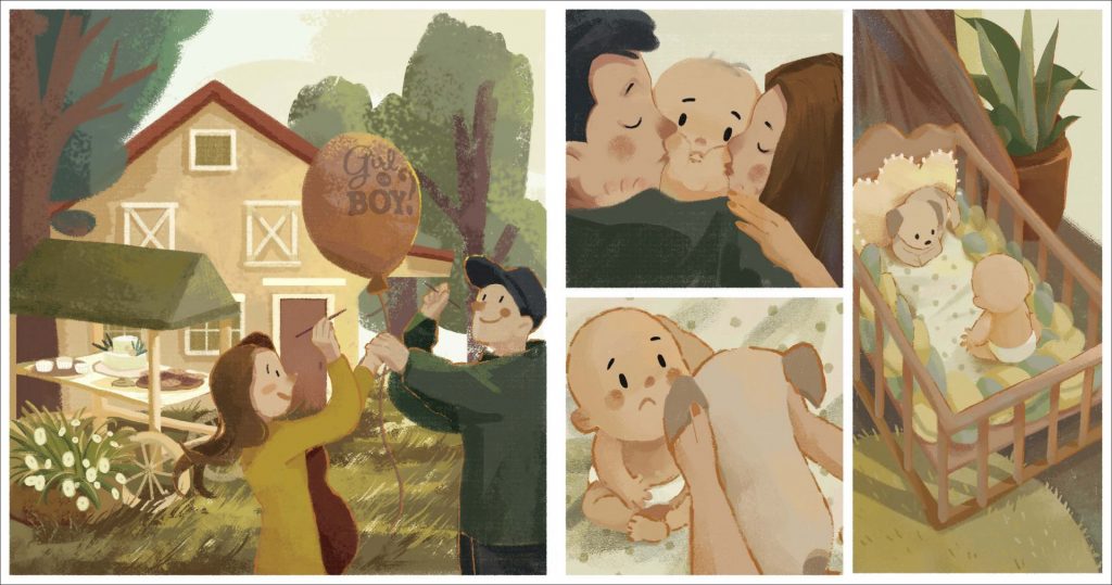 A couple hold a balloon, kiss a baby and give the baby a puppy