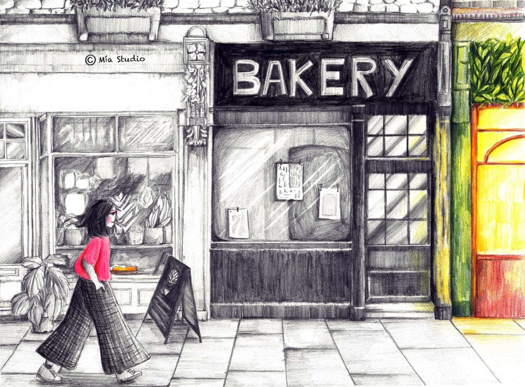 A girl in pink walks past shops including a bakery