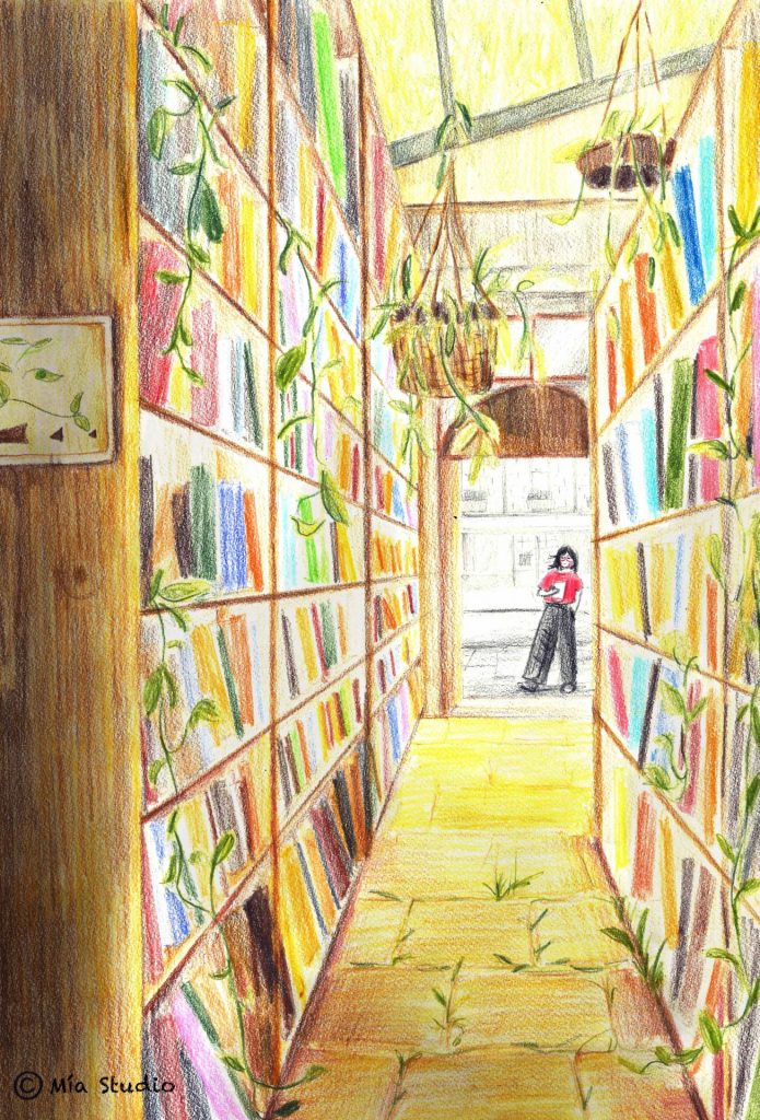 A girl looks into a shop with books on bookshelves