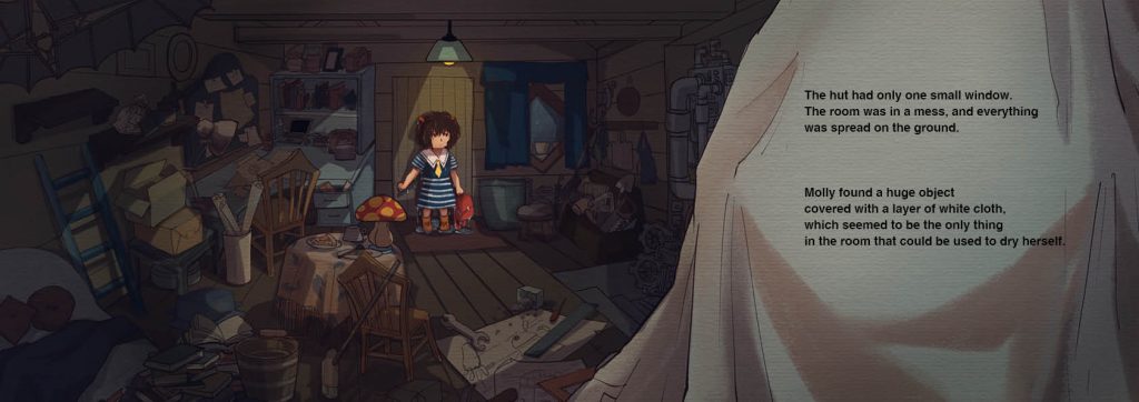 A girl in a dark cluttered room with a beam of light on her