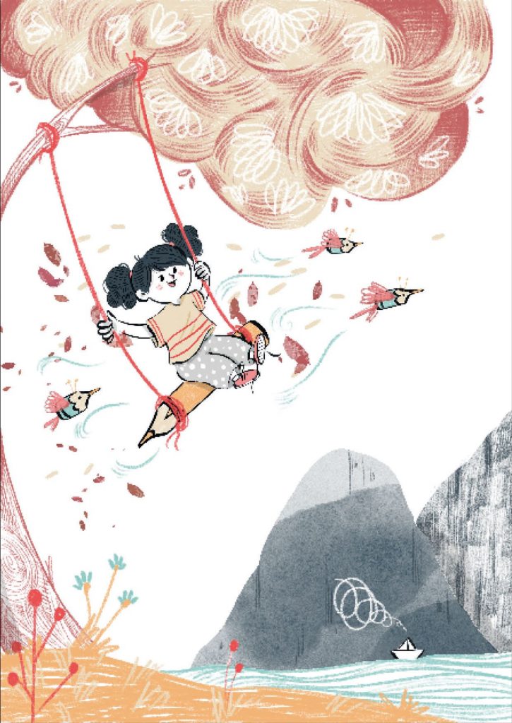 A girl swings on a swing made from a pencil with birds flying next to her.