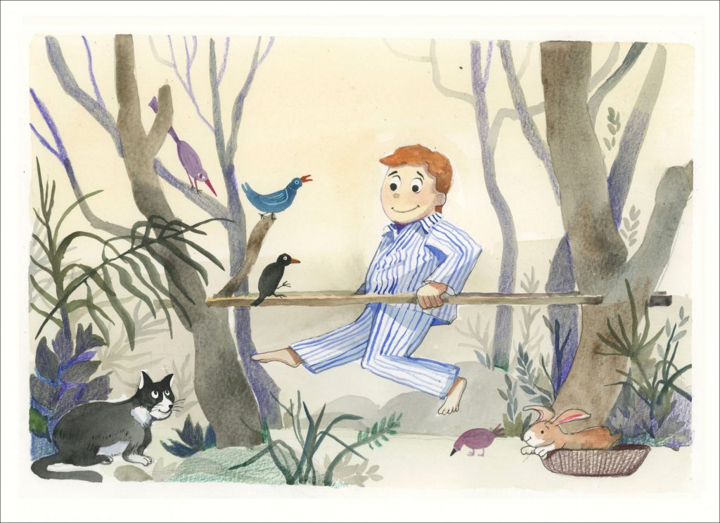 A boy balances on a plank of wood between two trees. Birds and a cat watch him