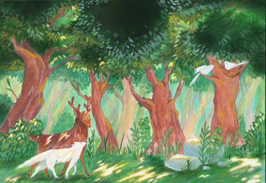 A wolf and deer walk in a forest