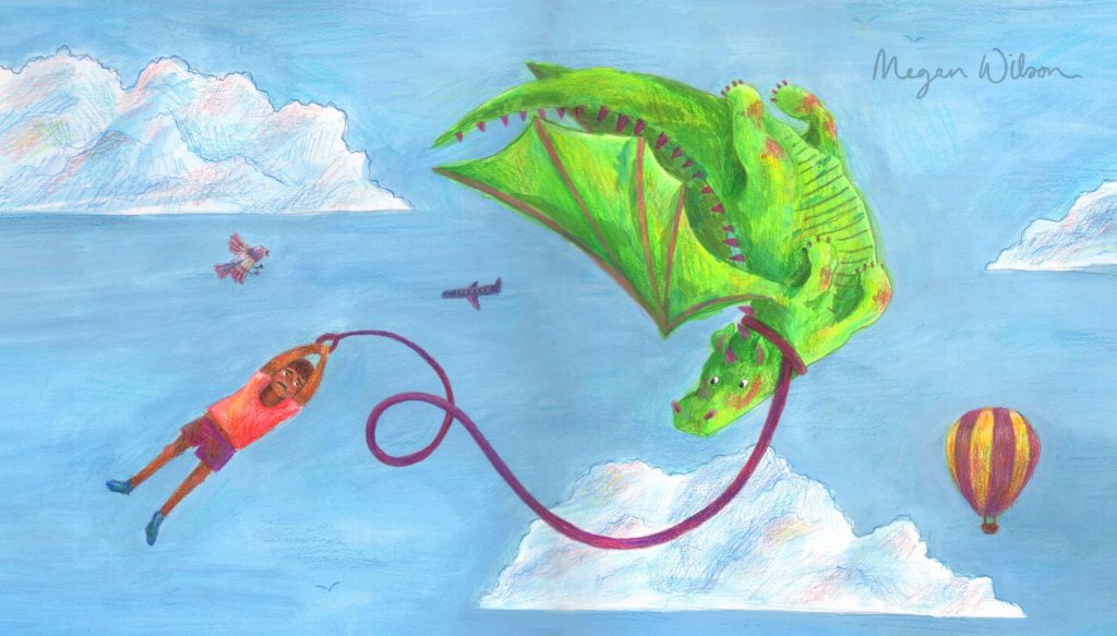 A boy holds onto the lead of a dragon who is flying through the air 