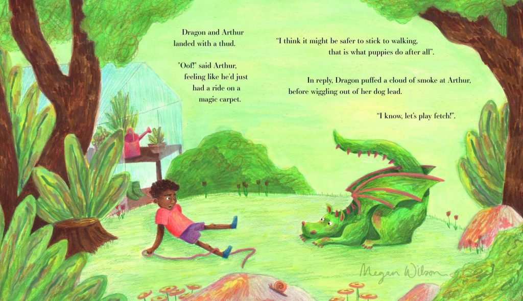 A boy is sat on the floor looking at a dragon who is also sat. Trees and a green house are behind them.