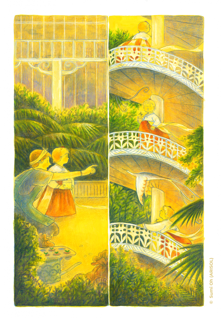 In a big green house a gardener points a little girl towards soe stairs. The girl climbs the stairs.
