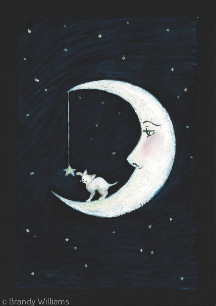 A cat sits on the moon and puts its paw up to a star