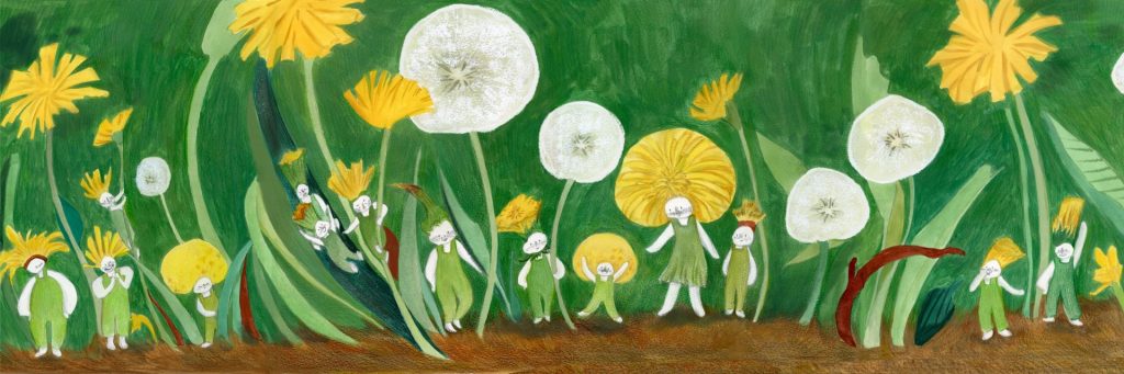Lots of dandelion people stand in a line surrounded by dandelions
