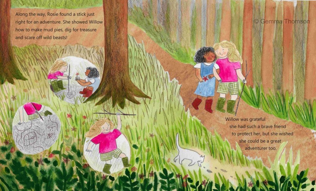 Two girls are playing with sticks in the woods. They walk together down the path
