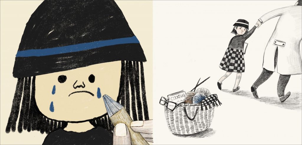 A hand holds a pencil over a drawing of a sad boy with tears down his face in a hat. A girl is being pulled away from a basket of knitting needles by a man.