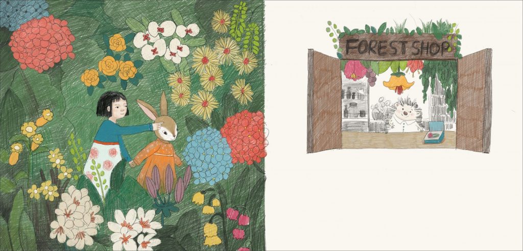 A girl and rabbit are surrounded by green leaves and flowers. A hedgehog is stood in a 'forest shop'