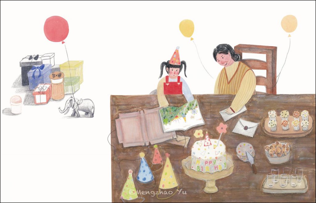 An elephant with a ballon tied around it is next to a pile of presents. A girl in a party hat looks at a book next to an older woman. There are cakes and hats on the table