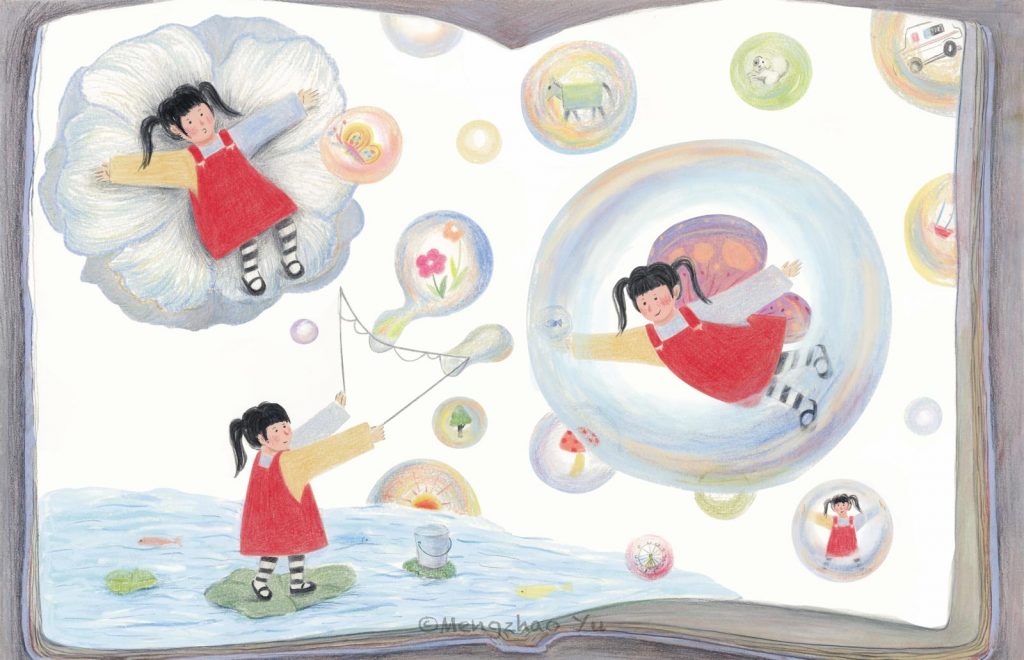 A girl makes bubbles from two sticks on a river. She floats in a bubble