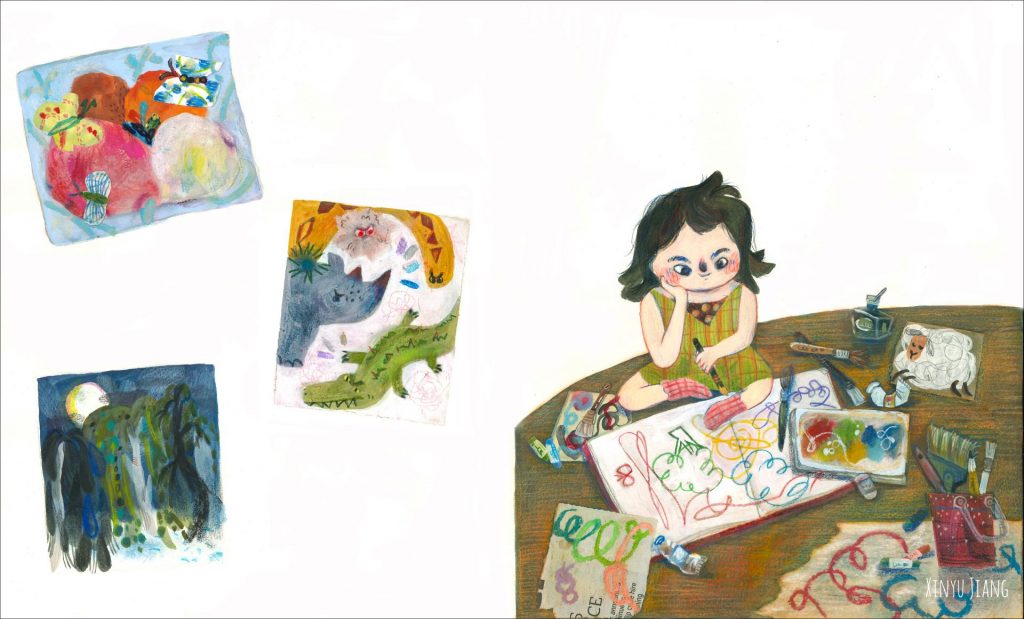 Three paintings. A girl looks at drawings in a book surrounded by art paints and pencils.
