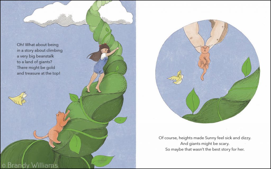 A girl and cat clings to a giant beanstalk.
A giant hands picks the cat from the beanstalk