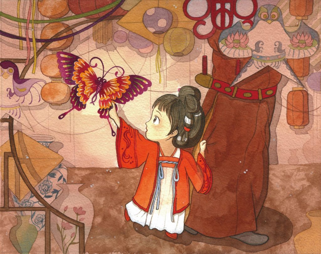 A small girl holds a paper butterfly