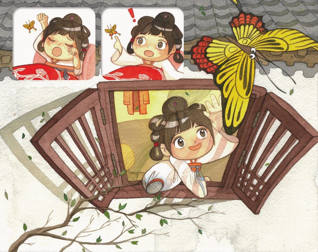 A girl yawns and touches a butterfly. A girl reaches for a butterfly out of the window