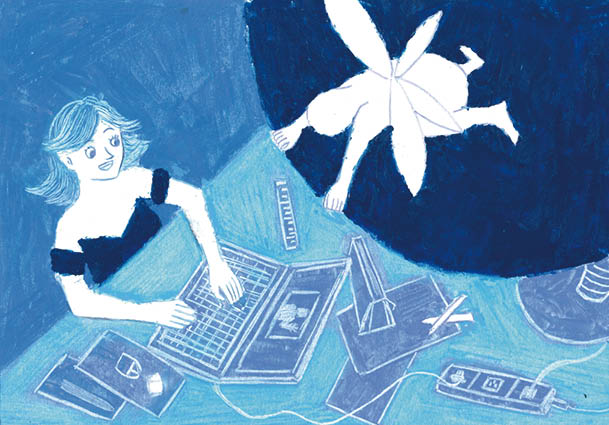 A woman is on her laptop. A fairy flies over her.