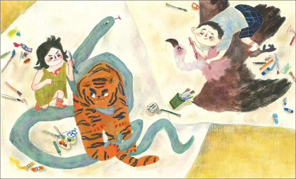A girl is painting a snake and a tiger and a boy is painting a bird