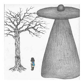 A small girl stands facing a tree
