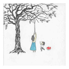 A woman cuts a tree. A small girl watches 