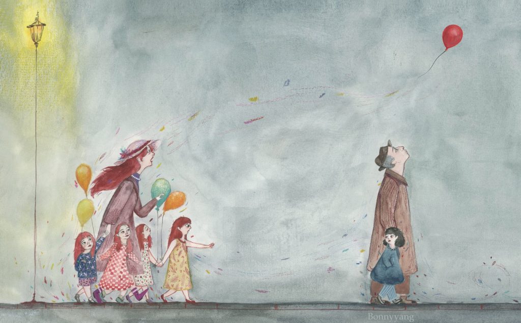A red balloon flies over a man and a little girl. A group of little girls with a woman walk behind holding balloons
