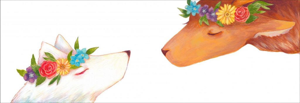 A wolf and deer with flowers on their head look at eachother