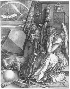 The engraving depicts a winged woman as the allegory of melancholic disposition. She is sitting while holding a compass and she is surrounded by multiple objects - emblems of mathematical and geometrical knowledge, and carpenter tools -, such as a magic square, scales and a stone. There are also two other creatures, a sleeping dog and a putto. At the top left there is an inscription - ‘Melencolia I’ - and in the background a sky and sea are depicted.
