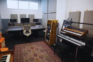 Goldsmiths Music Studio, Studio 2. Containing an MTA980 mixing console, several keyboards and synths and various pieces of studio outboard.