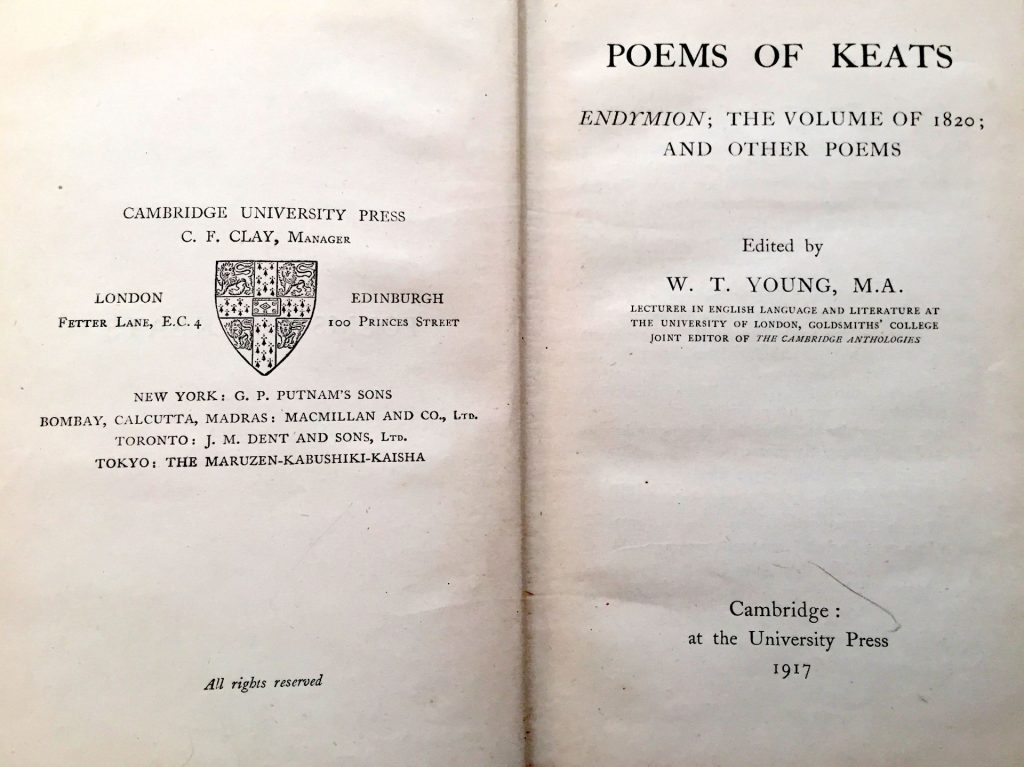 Frontispiece of 'Poems by Keats' edited by W T Young and published posthumously by Cambridge University Press in 1917. Image: Goldsmiths Archives.