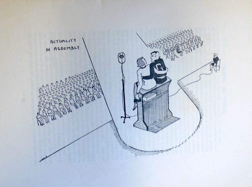 This cartoon in Goldsmiths College student magazine The Smith for Spring 1938 pokes gentle fun at a recent publication by staff of their book ‘Actuality in Education’ and references the ritual of compulsory morning assembly with the enjoyment some women students said they derived from observing men students doing physical education classes in the quadrangle in their distinctive track-suits with ‘G’ sewn onto their backs. 