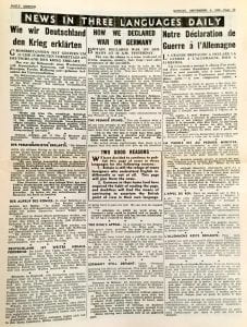 Page of the Daily Sketch 4th September 1939. The news in three languages daily.