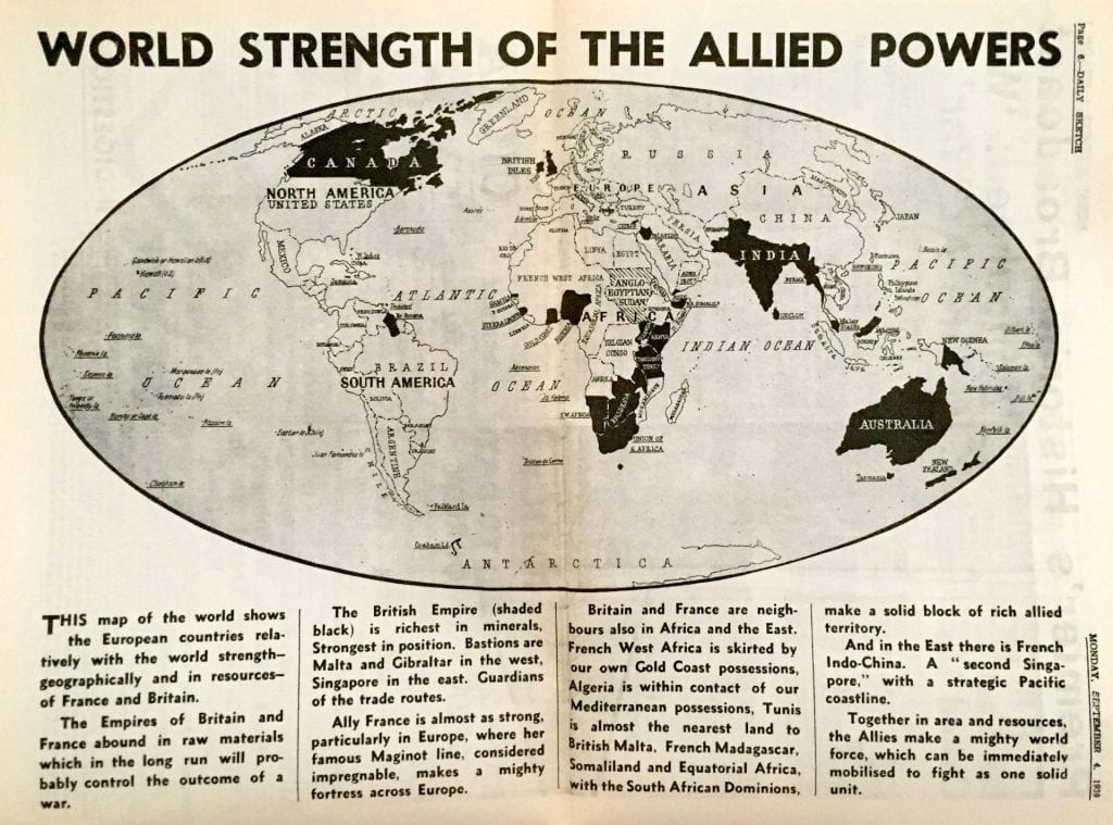 The Daily Sketch would have a centre spread setting out the geography of war and the strength of the Allied Powers. But there would be no replacement geography lecturer to teach it. 