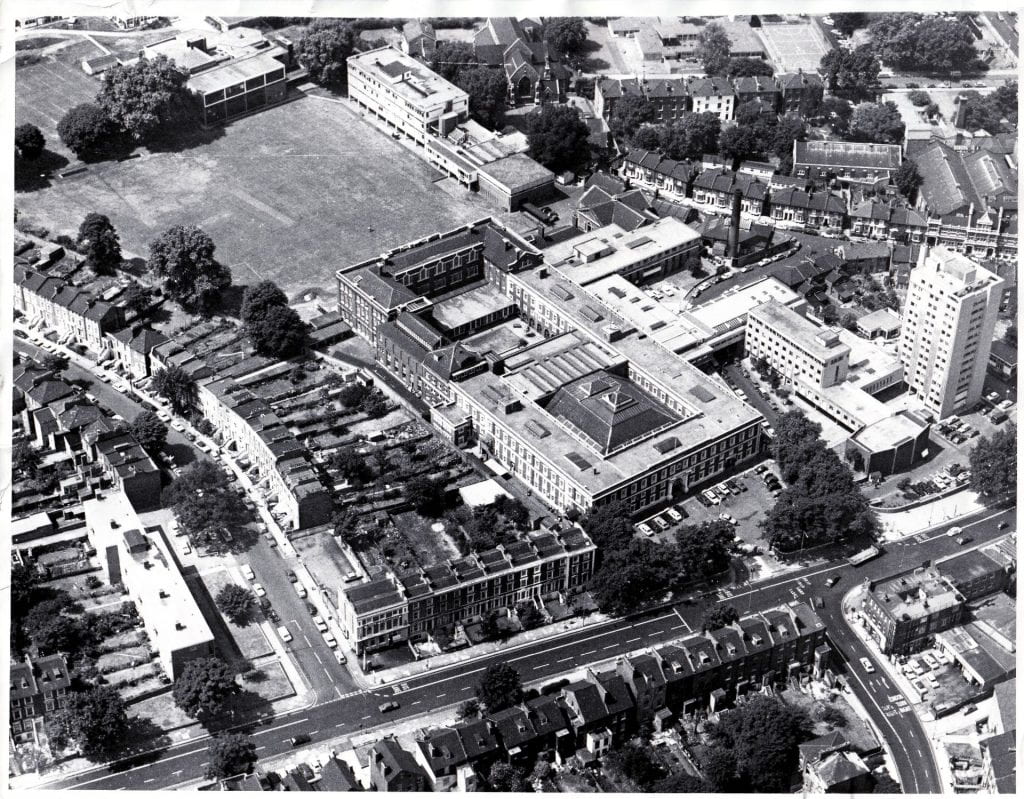 Aerial view of Goldsmiths' College around 1970 before the building of the new library.