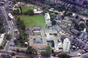 Aerial view in colour of Goldsmiths' College around 1980.