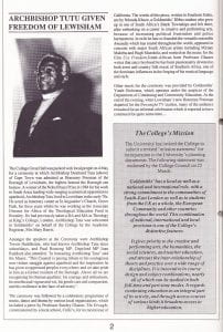 The inside page of Goldsmiths' Hallmark magazine for May 1990 reporting on the ceremony in the Great Hall where Archbishop Desmond Tutu was granted Freedom of Lewisham. The article includes a photographic portrait of the Archbishop.