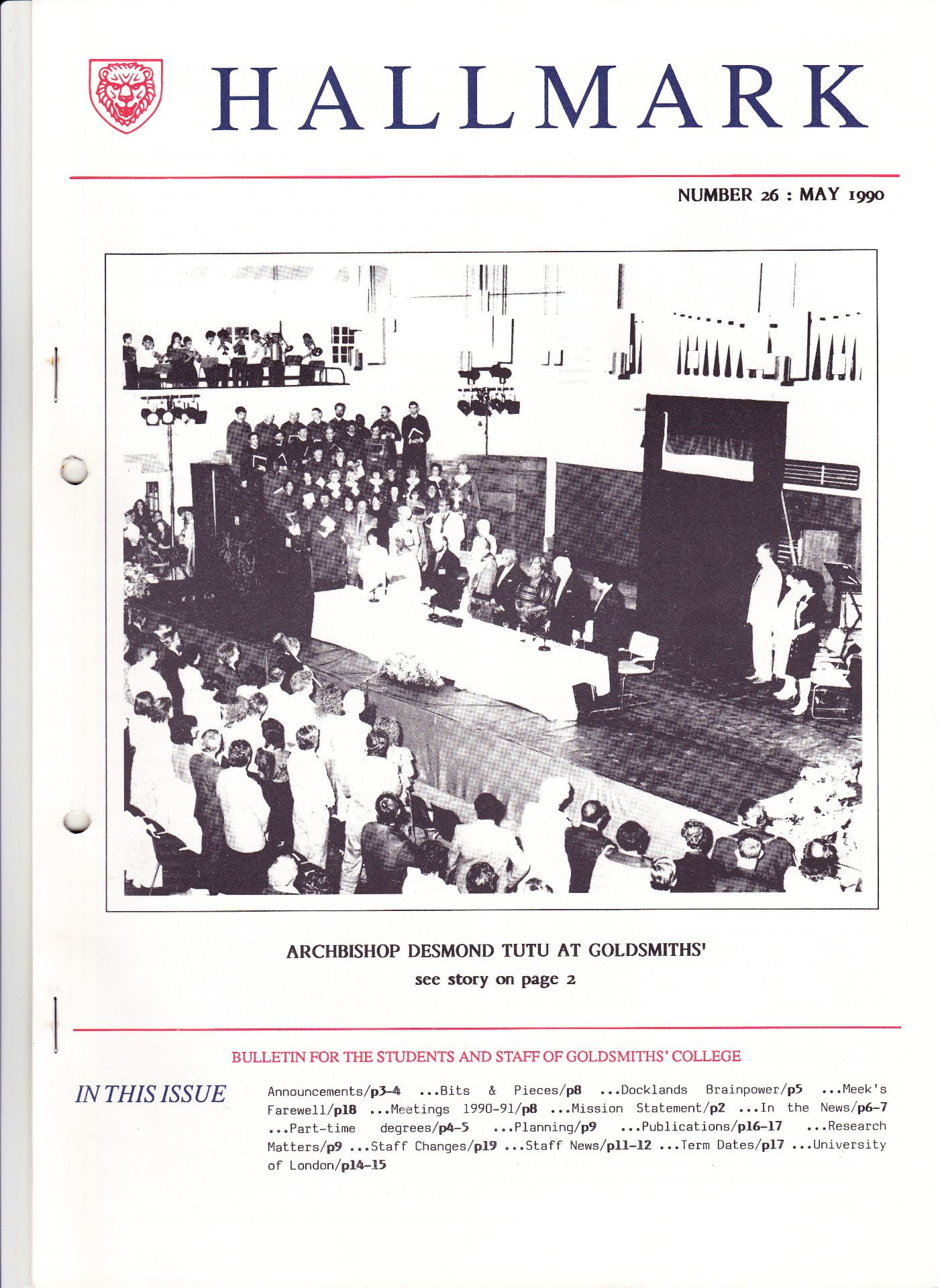 The cover of Goldsmiths' College internal staff and students monthly magazine for May 1990 featuring a scanned image of Archbishop Desmond Tutu receiving the Honorary Freedom of Lewisham in the Great Hall of Goldsmiths' College. 