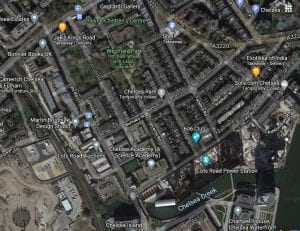 Satellite view of Lots Road area of Chelsea, London in 2021 including Lots Road Power tation, new Chelsea Academy, and Chelsea Creek.