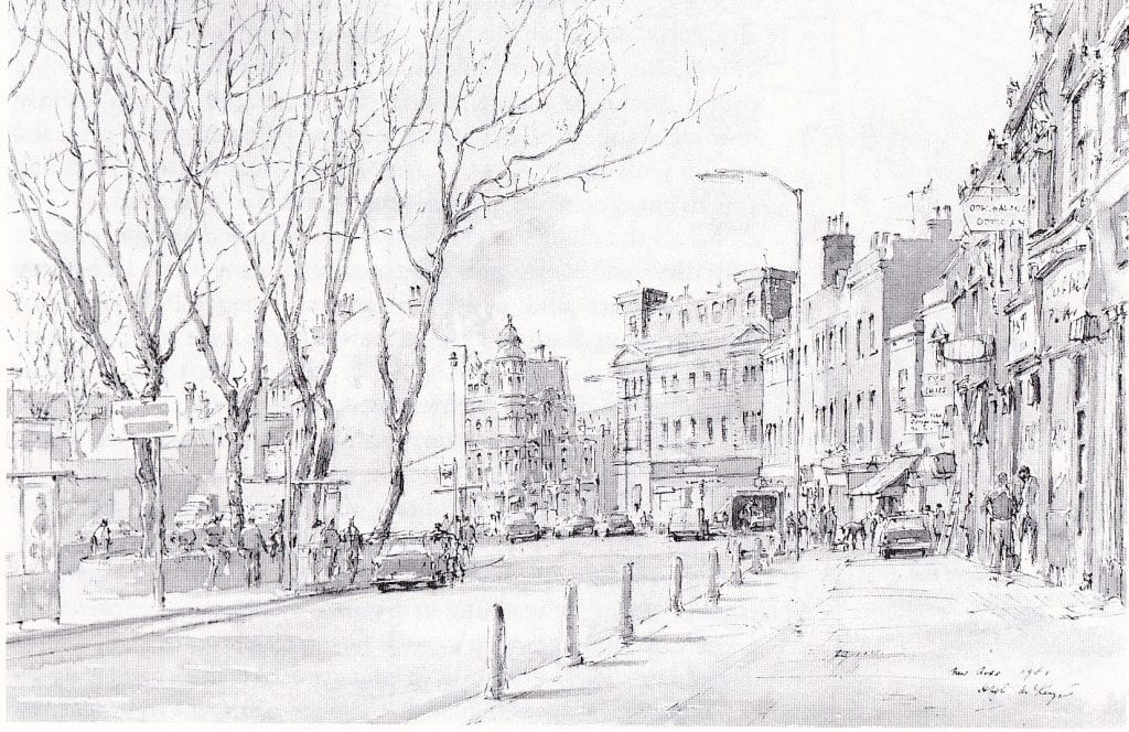 Black and white scan of water colour painting of Lewisham Way looking down to New Cross Inn in 1981.